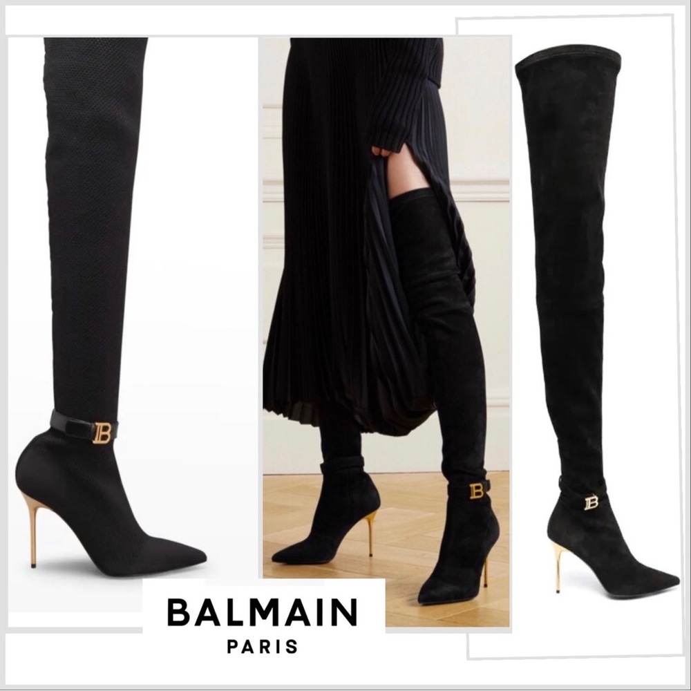 Balmain Raven Black Suede over the knee boots 39 NIB thigh high Heel Stiletto